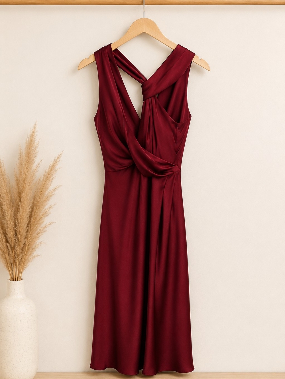 KEEPSAKE the Label Burgundy Satin One-Shoulder Twist Midi Dress